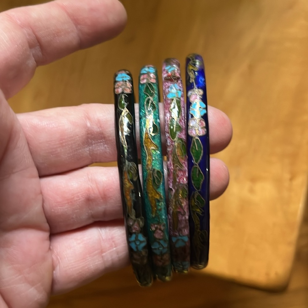Vintage cloisonné bangles bracelets set of 4 •Black •Mauve •Teal •Royal Blue